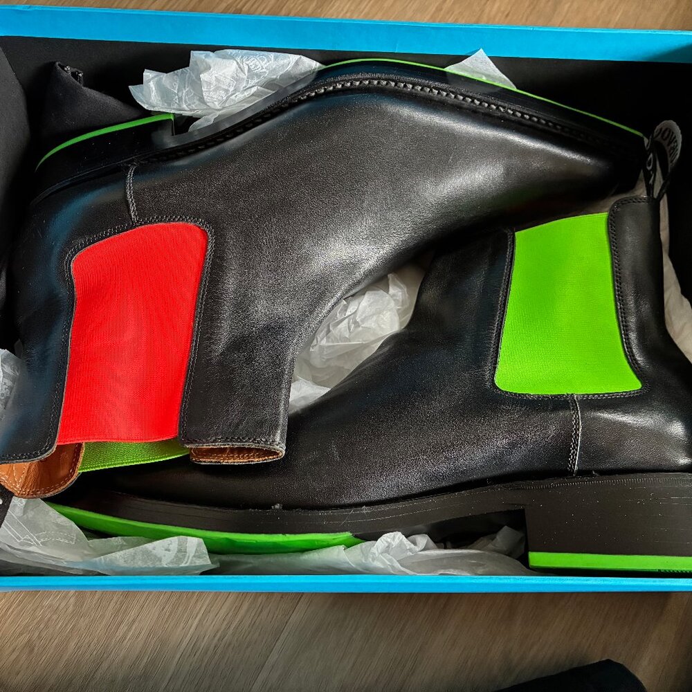John Fluevog - Lyngenfjord Pointed-Toe Chelsea Boots, Black/Neon - Picture 2 of 6